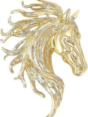 NEW Gold Horse Head Sparkling Rhinestone Filigree Hollow Brooch Pin Classy
